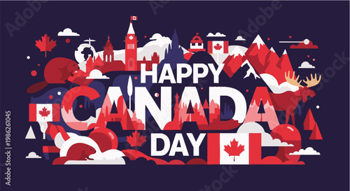 Happy Canada Day celebration graphic in red and white colors on dark background for national holiday