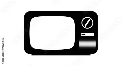 A simple black graphic depicts a retro television set with a blank white screen and classic controls a striking silhouette high quality professional detailed