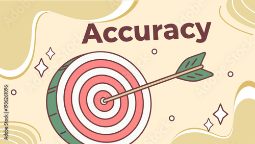 Vector illustration of target with arrow and accuracy text. Business precision, goal achievement, KPI performance, strategy planning, success measurement, and productivity concept.