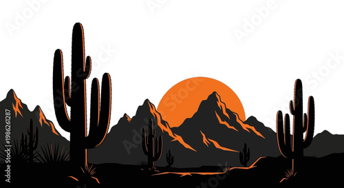 A striking desert landscape features dark mountain ranges and prominent cacti against a glowing orange sunset creating a dramatic silhouette high quality professional detailed