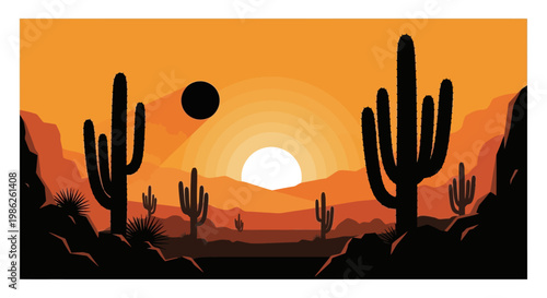 A vibrant desert landscape is depicted with a large setting sun and iconic saguaro cacti in silhouette high quality professional detailed modern elegant stylish