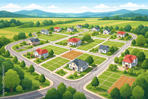 Aerial View of Future Residential Area in a Green Landscape with Roads and Plot Divisions for New Housing Development, Simple Flat Vector Illustration of Suburban Planning and Real Estate Design.