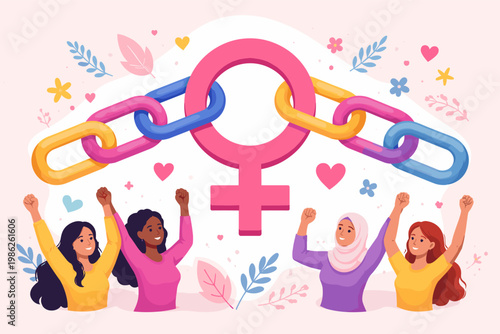 International Women's Day Banner with Female Symbol and Colorful Chain Representing Unity, Equality, and Empowerment of Diverse Women Celebrating Together for Gender Rights and Global Solidarity