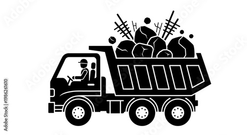 A black and white illustration depicts a loaded dump truck carrying rocks and debris with a driver visible presented as a silhouette high quality