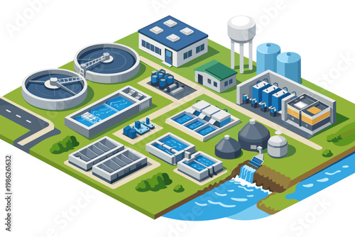 Isometric vector illustration of a modern water treatment plant facility featuring purification tanks, filtration systems, industrial buildings, and a water tower near a river for utility.