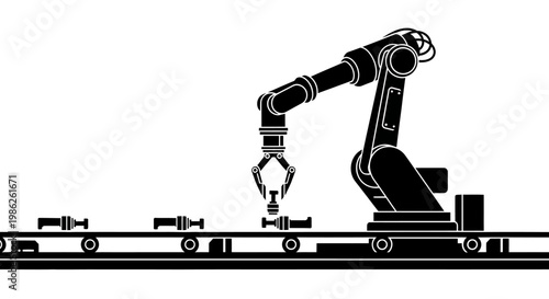 A stark black silhouette depicts an industrial robotic arm meticulously handling components on a conveyor belt showcasing automation and precision silhouette high quality professional
