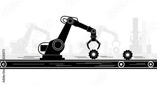 A striking depiction of a robotic arm poised above a conveyor belt showcasing automated manufacturing processes in a factory silhouette high quality professional detailed