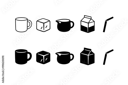 Set of minimalist coffee and beverage icons featuring a ceramic mug, ice cube, creamer pitcher, milk carton, and drinking straw in both outline and solid silhouette styles for graphic design.