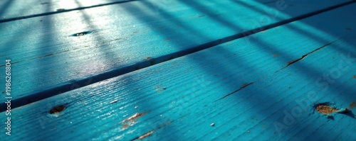 Deep azure paint peels, showcasing wood's rich grain beneath Natural light enhances texture , surface, blueprint, vintage
