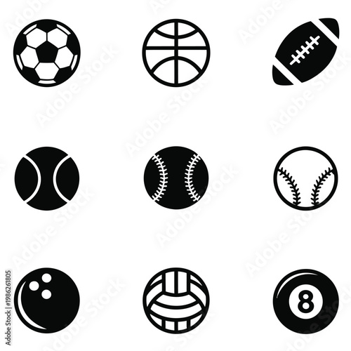 Collection of various sports balls icons in black and white