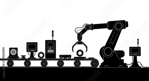 A stark black silhouette depicts an automated factory production line showcasing robotic arms conveyor belts and computer systems silhouette high quality professional detailed modern