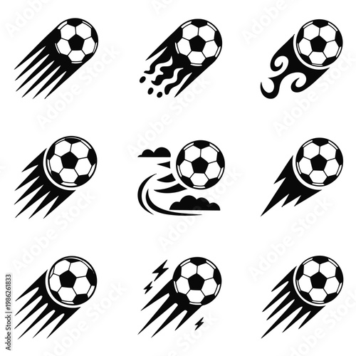 Collection of nine black soccer ball icons in motion with various dynamic effects