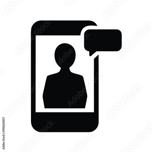 Black silhouette of a mobile phone with a persons profile and a speech bubble