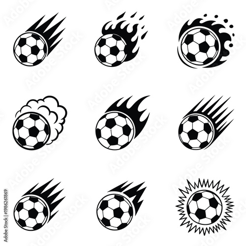Black and white soccer ball icons with various motion effects