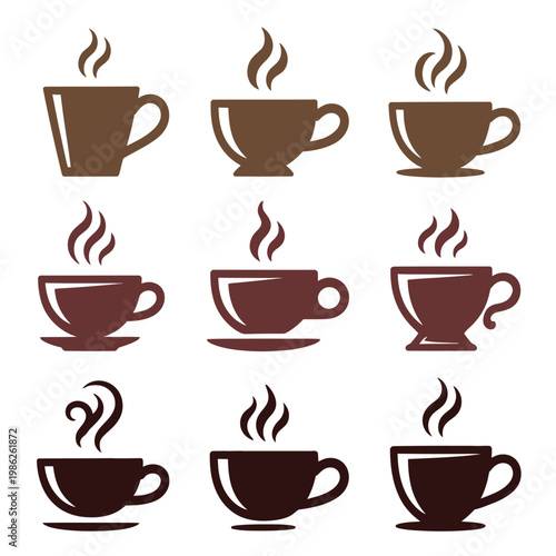 Set of nine different colored coffee cup icons