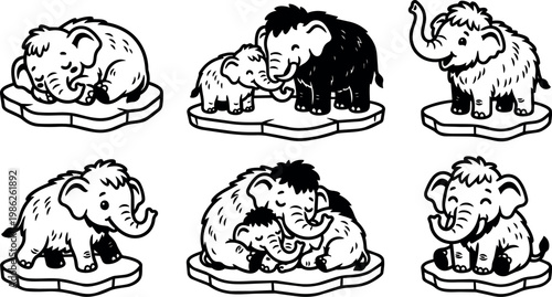 Black and white mammoth mother and baby playful line art illustrations