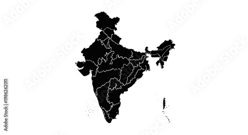 A stark black silhouette depicts the geographical shape of the indian subcontinent showcasing its states and coastline silhouette high quality professional detailed modern elegant