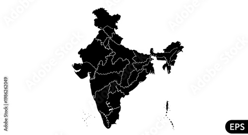 This graphic presents a detailed black outline of the indian subcontinent showcasing its geographical boundaries and states as a silhouette high quality professional modern