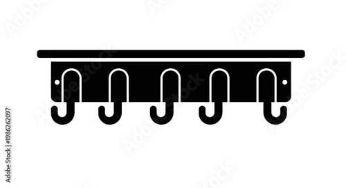 A minimalist representation of a wall mounted coat rack with five hooks depicted in stark black silhouette high quality professional detailed modern elegant stylish