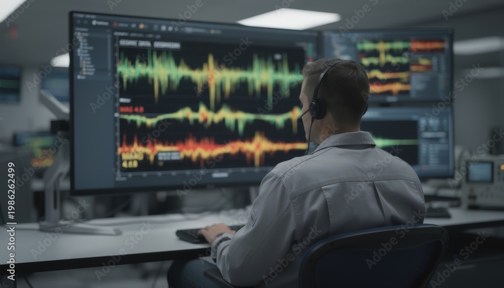 Fototapeta premium Technician monitoring seismic activity on a screen measuring earthquake parameters while the environment behind remains blurred for emphasis.