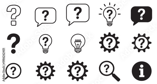 Question mark icons with gear and lightbulb symbols, technical support problem solving concepts, clean vector line art and solid black set
