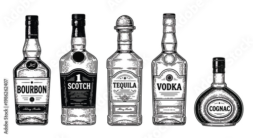 Classic engraved style alcohol bottles featuring tequila, bourbon, cognac, scotch, and vodka with detailed linework labels in vintage monochrome illustration style