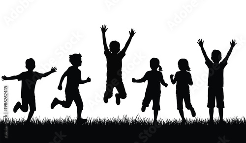 A joyful scene depicts five children exuberantly jumping and playing in a grassy field captured as a striking silhouette high quality professional detailed modern
