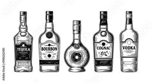 Classic engraved style alcohol bottles featuring tequila, bourbon, cognac, scotch, and vodka with detailed linework labels in vintage monochrome illustration style