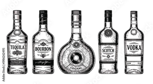 Classic engraved style alcohol bottles featuring tequila, bourbon, cognac, scotch, and vodka with detailed linework labels in vintage monochrome illustration style