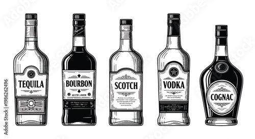 Classic engraved style alcohol bottles featuring tequila, bourbon, cognac, scotch, and vodka with detailed linework labels in vintage monochrome illustration style