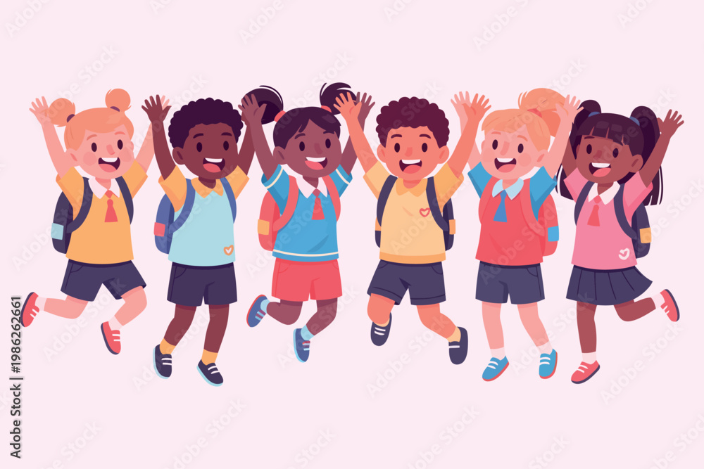 Obraz premium Joyful diverse group of children jumping with backpacks celebrating education