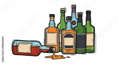 Photos Group of colorful liquor bottles including whiskey, wine, and spirits with one b