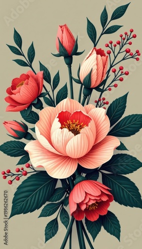 Elegant floral bouquet, vintage style vector illustration, leaves, nature, illustration art