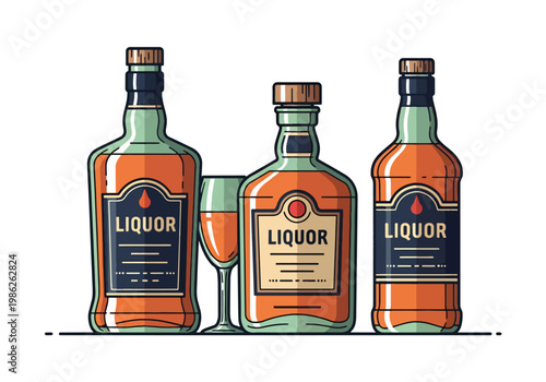 Row of premium whiskey and liquor bottles with elegant label designs and amber tones, presented in clean flat style suitable for branding, packaging, and bar visuals