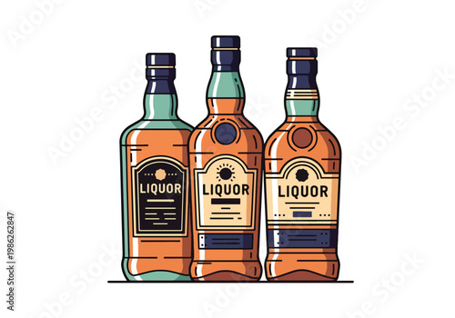 Row of premium whiskey and liquor bottles with elegant label designs and amber tones, presented in clean flat style suitable for branding, packaging, and bar visuals