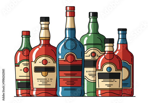 Row of premium whiskey and liquor bottles with elegant label designs and amber tones, presented in clean flat style suitable for branding, packaging, and bar visuals