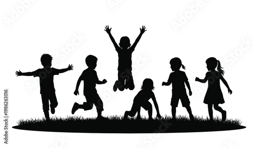 A group of children joyfully playing outdoors some jumping and running with arms outstretched depicted as a striking silhouette high quality professional detailed modern