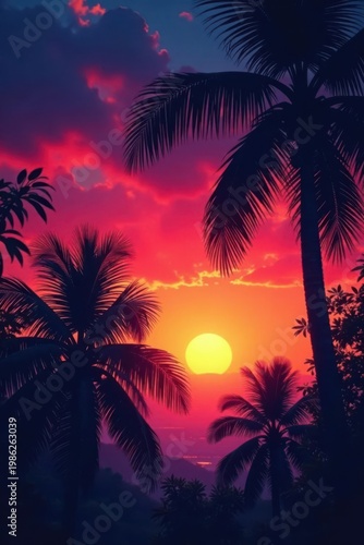 Fiery sunset hues paint sky above dark palm fronds , vector art, hawaiian graphics, tropical art