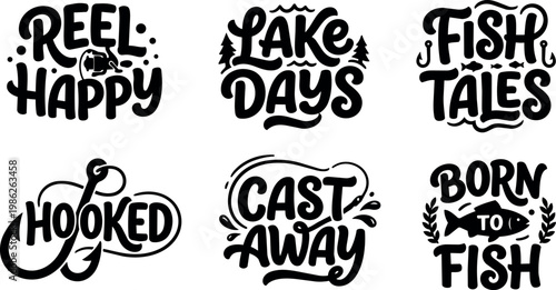 Black and white fishing phrases with hooks fish and lake trees vector art