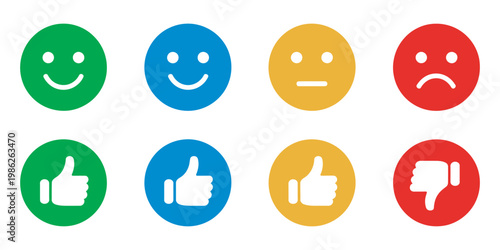 Emoticon feedback icon set, smile neutral sad face reactions, rating emotion evaluation vector illustration, like dislike UI voting concept