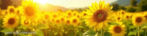 Golden sunflowers bask in bright sunlight, vibrant field , agriculture, summer