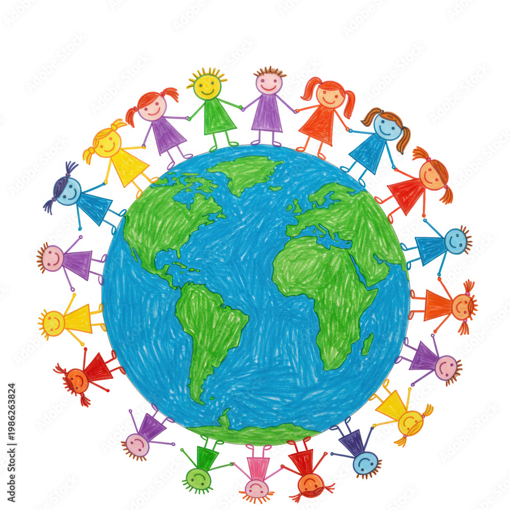 Naklejka premium Children holding hands around earth drawing on white background