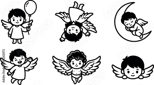 Cute black and white cherub angels with wings in various poses holding balloon and sleeping on moon vector art