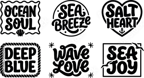 Black and white hand lettering ocean soul sea breeze salt heart wave love sea joy phrases