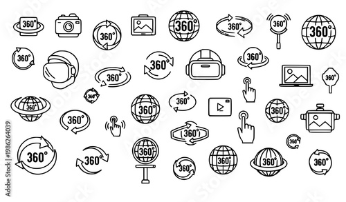 Trendy 360 degree image and video icons with panorama VR helmet and rotation arrows isolated vector set