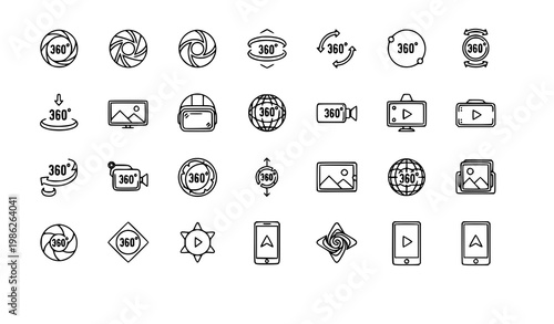 360 degree image and video line icon set with panorama VR headset and rotation symbols vector collection