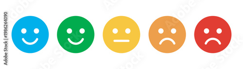 Expression rating icon set, colorful smile neutral sad face reactions, feedback mood assessment vector illustration, survey UI evaluation concept design
