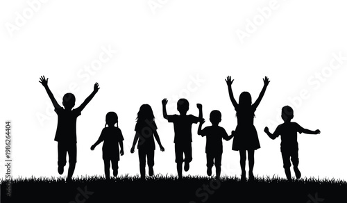 A group of children are joyfully running and playing together in a field their forms captured as a dark silhouette high quality professional detailed