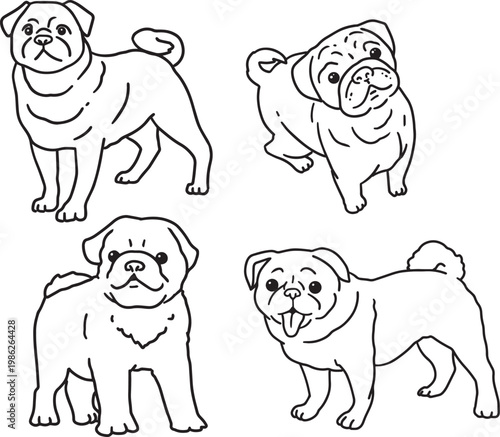 pug minimalistic simple outline drawing children coloring page mops outline social media graphic veterinary clinics pet salons exhibitions grooming dog products set characters cute pet sketch doodle