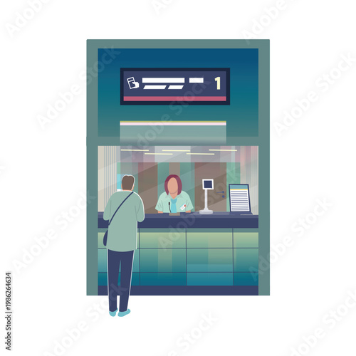 Passenger at an airport check-in counter interacting with staff. The scene highlights the boarding process, document control, and customer service in a modern airport environment.  